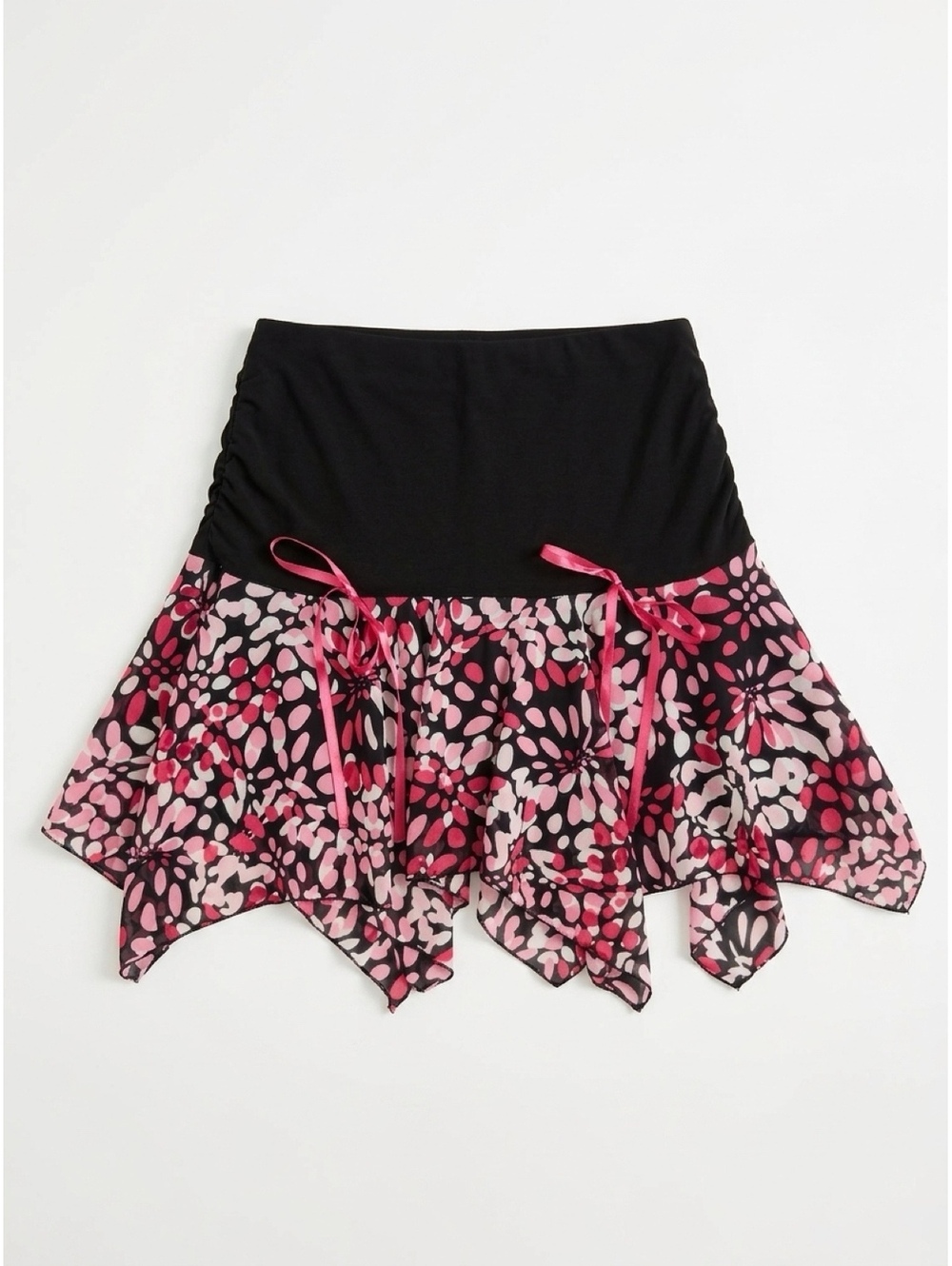 Women's Small Black and Pink Floral Handkerchief Hem Skirt Polyester Spandex y2K